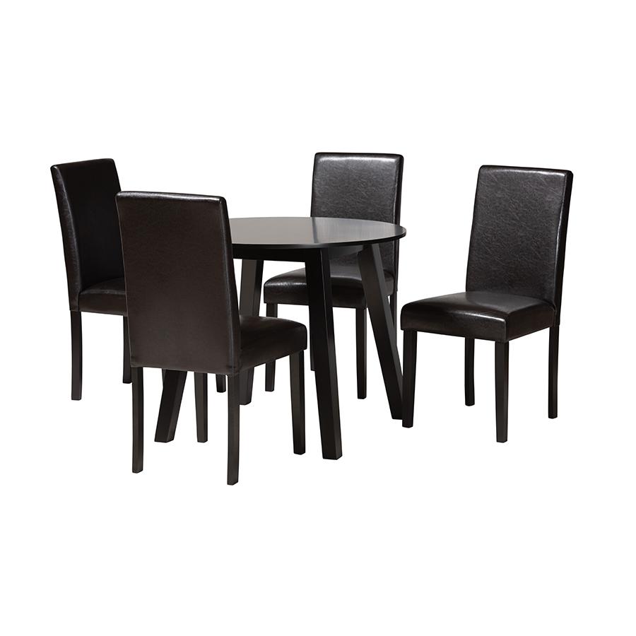 Leather and Espresso Brown Finished Wood 5-Piece Dining Set. Picture 1