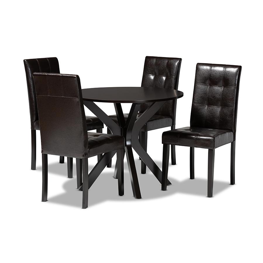 Leather Upholstered and Dark brown Finished Wood 5-Piece Dining Set. Picture 1
