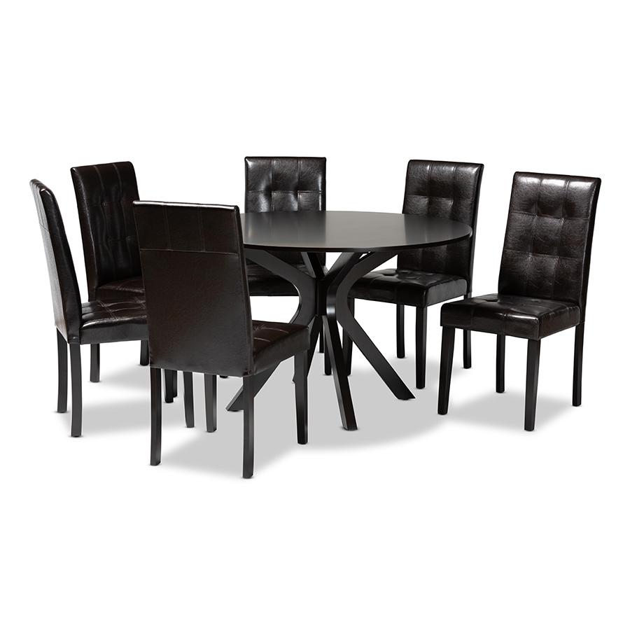 Leather Upholstered and Dark brown Finished Wood 7-Piece Dining Set. Picture 1
