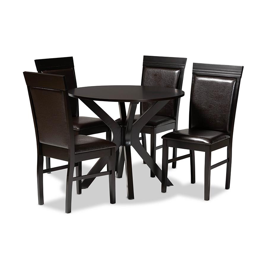 Leather Upholstered and Dark Brown Finished Wood 5-Piece Dining Set. Picture 1