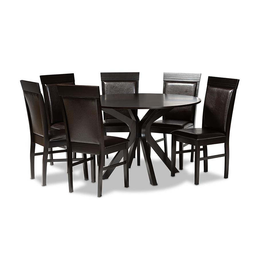 Leather Upholstered and Dark Brown Finished Wood 7-Piece Dining Set. Picture 1