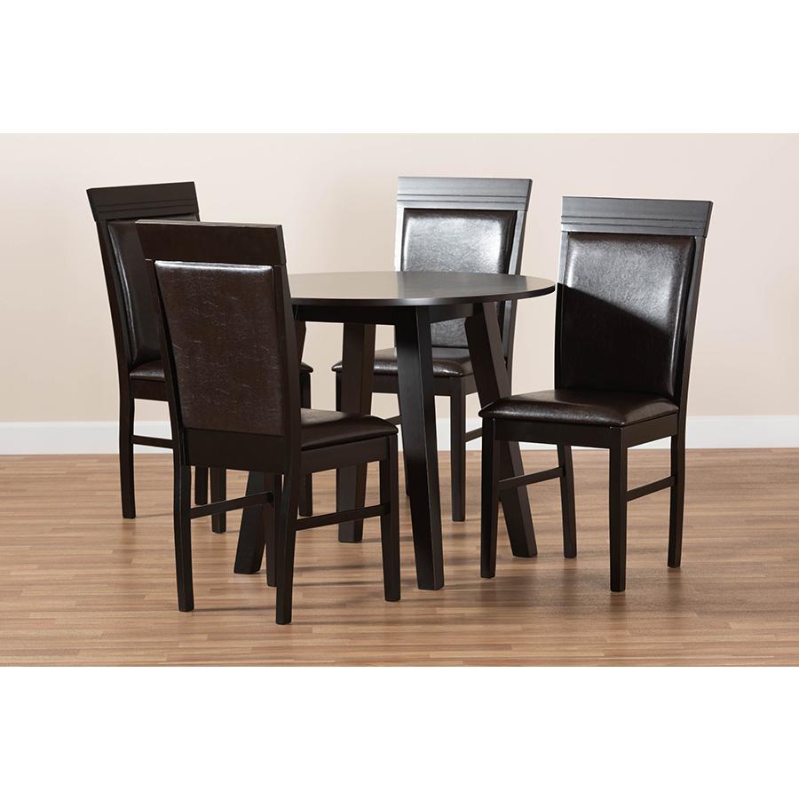 Leather Upholstered and Dark Brown Finished Wood 5-Piece Dining Set. Picture 8