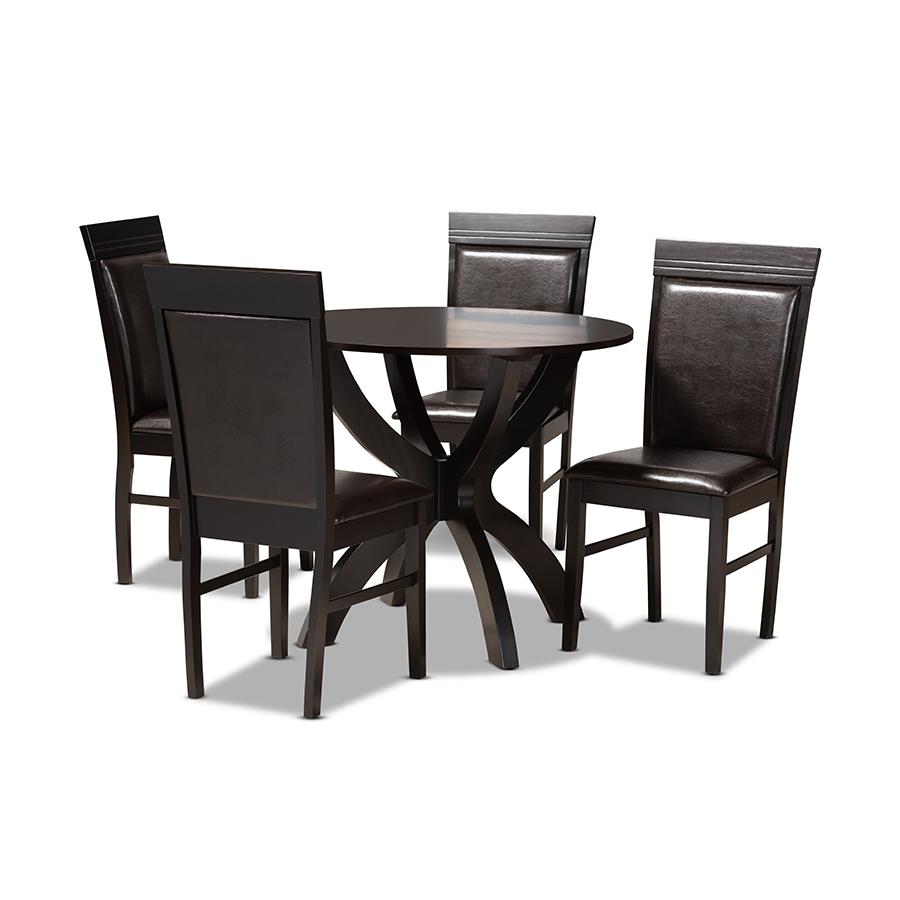 Leather Upholstered and Dark Brown Finished Wood 5-Piece Dining Set. Picture 1