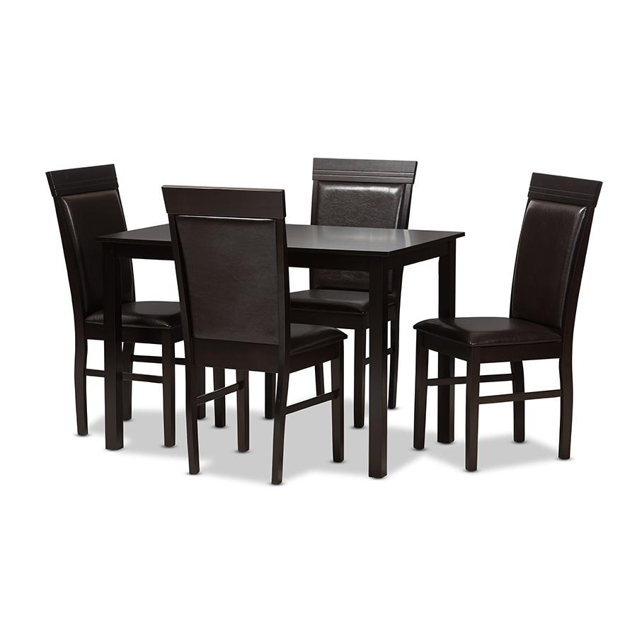 Thea Modern and Contemporary Dark Brown Faux Leather Upholstered 5-Piece Dining Set. Picture 1