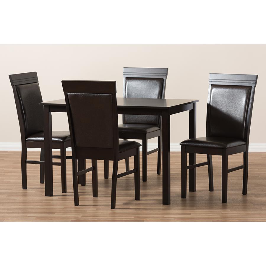 Thea Modern and Contemporary Dark Brown Faux Leather Upholstered 5-Piece Dining Set. Picture 6
