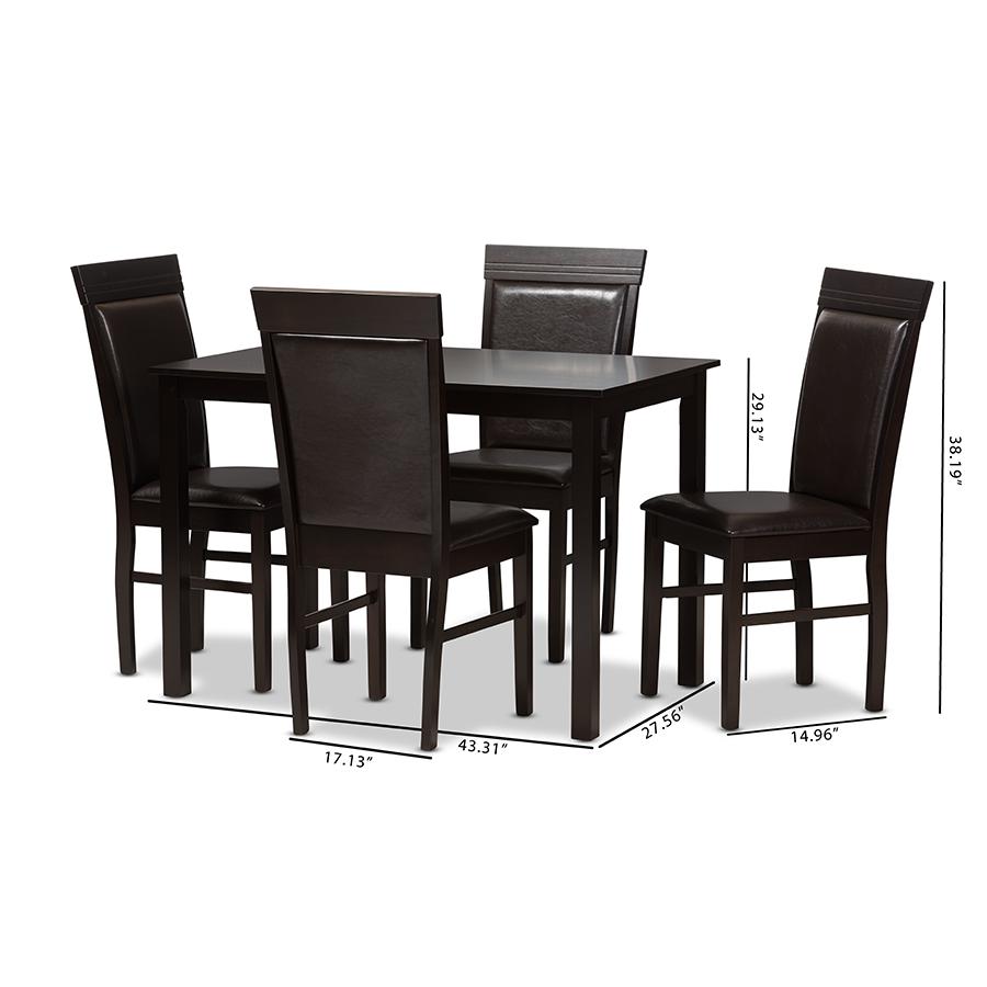 Thea Modern and Contemporary Dark Brown Faux Leather Upholstered 5-Piece Dining Set. Picture 7