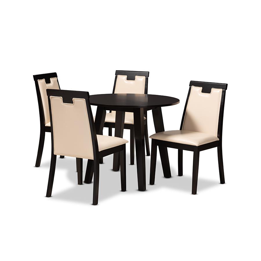 Beige Faux Leather Upholstered and Dark Brown Finished Wood 5-Piece Dining Set. Picture 1