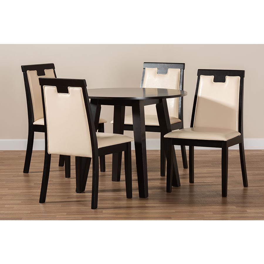 Beige Faux Leather Upholstered and Dark Brown Finished Wood 5-Piece Dining Set. Picture 8