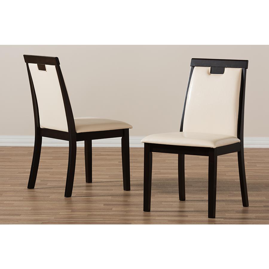Evelyn Modern and Contemporary Beige Faux Leather Upholstered and Dark Brown Finished Dining Chair (Set of 2). Picture 6