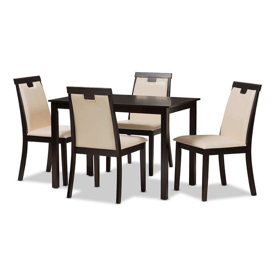 Evelyn Modern and Contemporary Beige Faux Leather Upholstered and Dark Brown Finished 5-Piece Dining Set. Picture 1