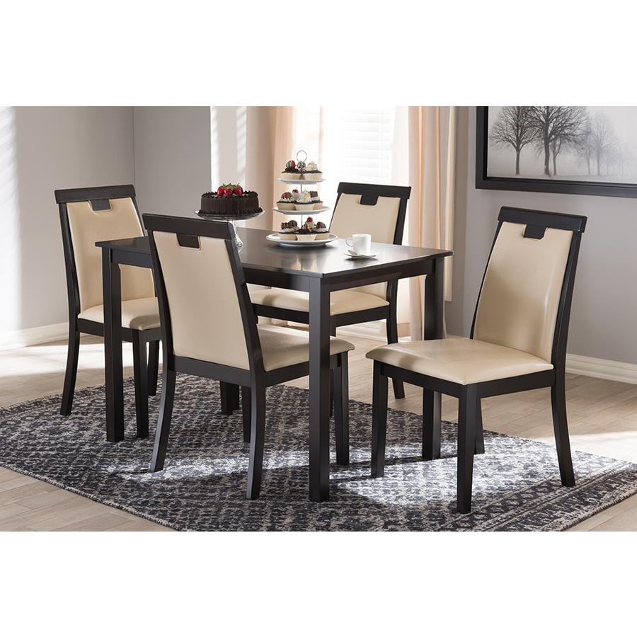 Evelyn Modern and Contemporary Beige Faux Leather Upholstered and Dark Brown Finished 5-Piece Dining Set. Picture 5