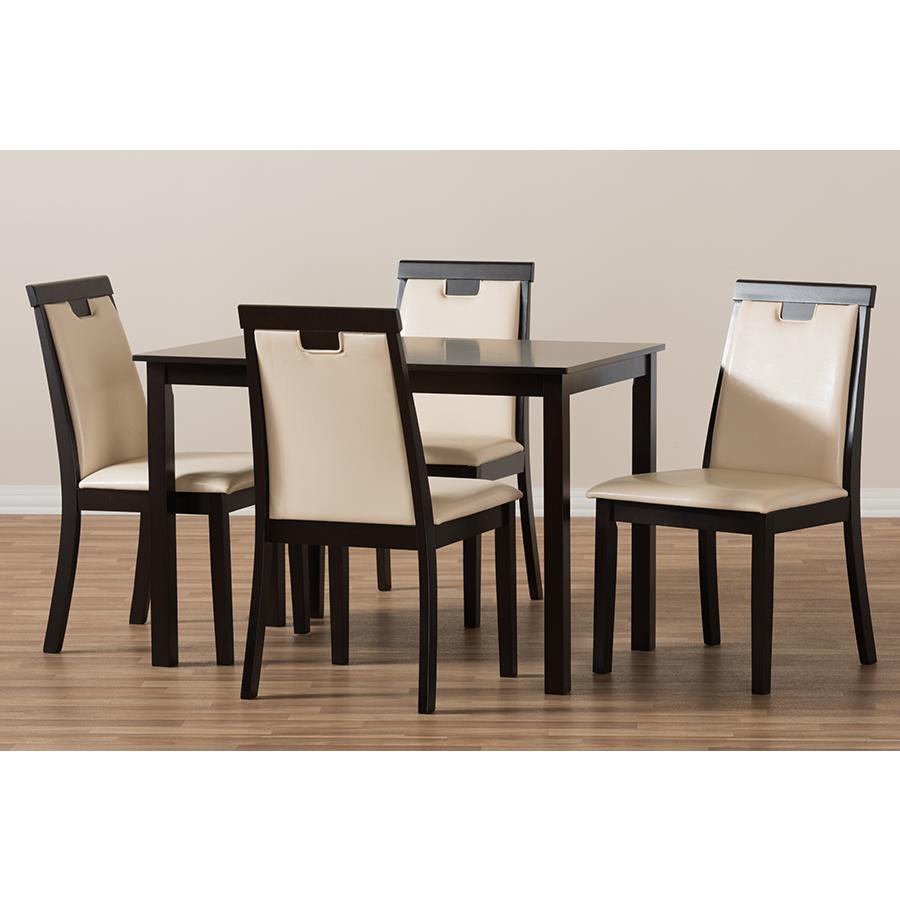 Evelyn Modern and Contemporary Beige Faux Leather Upholstered and Dark Brown Finished 5-Piece Dining Set. Picture 6