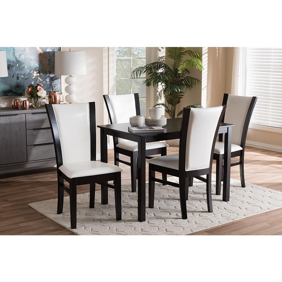 5-Piece Dark Brown Finished White Faux Leather Dining Set. Picture 5
