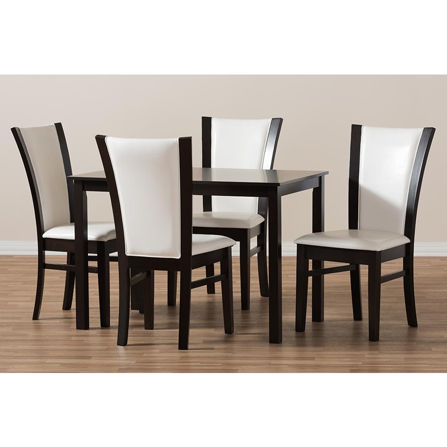 5-Piece Dark Brown Finished White Faux Leather Dining Set. Picture 6