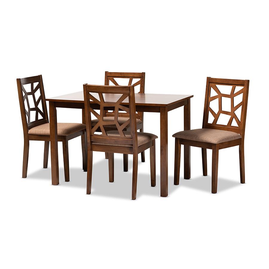 Baxton Studio Abilene Mid-Century Light Brown Fabric Upholstered and Walnut Brown Finished 5-Piece Wood Dining Set. Picture 2