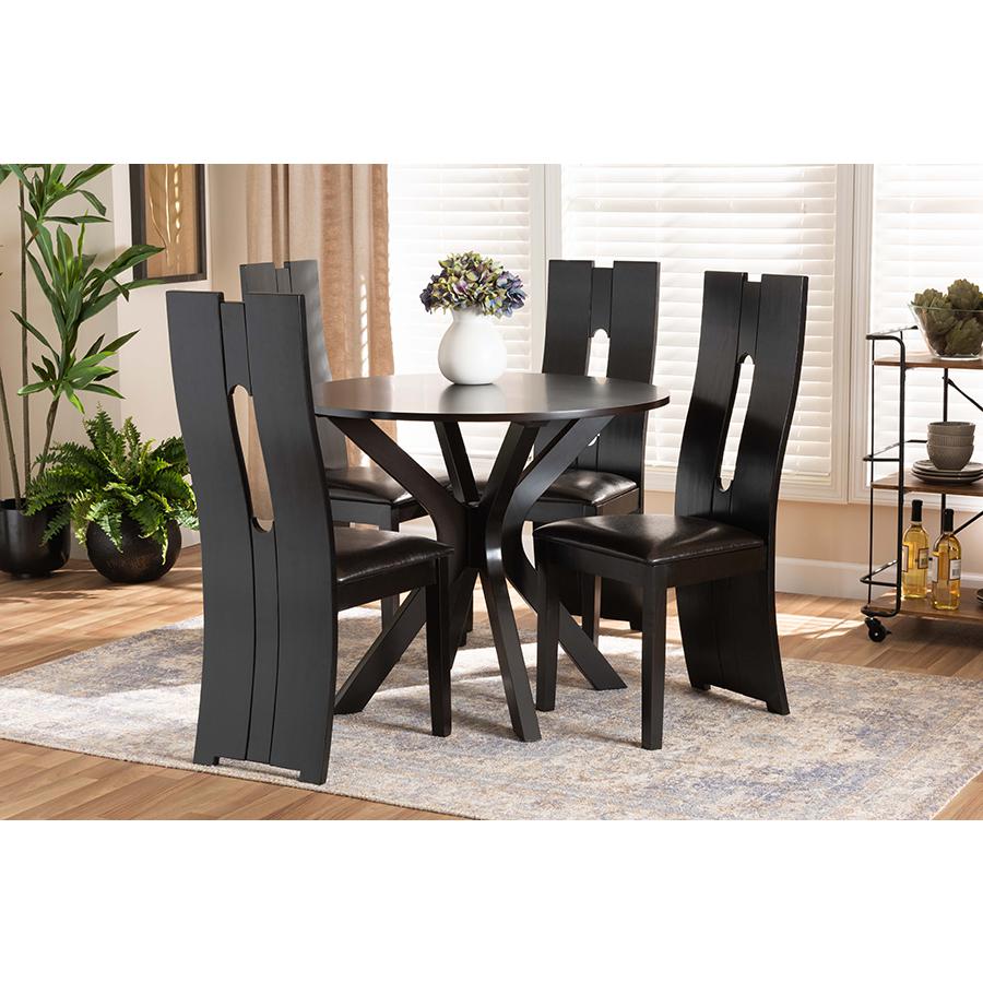 Leather Upholstered and Dark Brown Finished Wood 5-Piece Dining Set. Picture 7