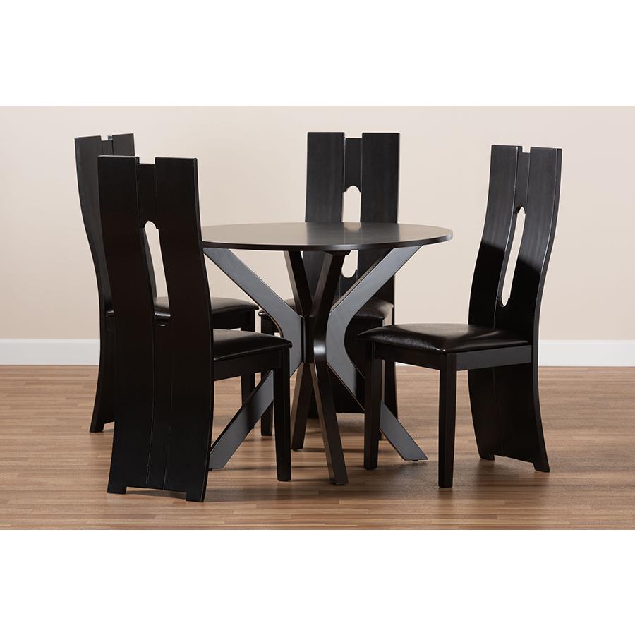 Leather Upholstered and Dark Brown Finished Wood 5-Piece Dining Set. Picture 8