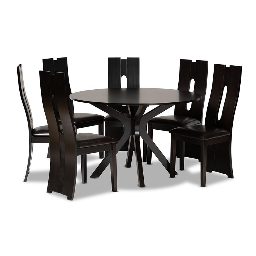 Leather Upholstered and Dark Brown Finished Wood 7-Piece Dining Set. Picture 1
