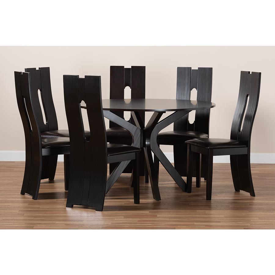 Leather Upholstered and Dark Brown Finished Wood 7-Piece Dining Set. Picture 8