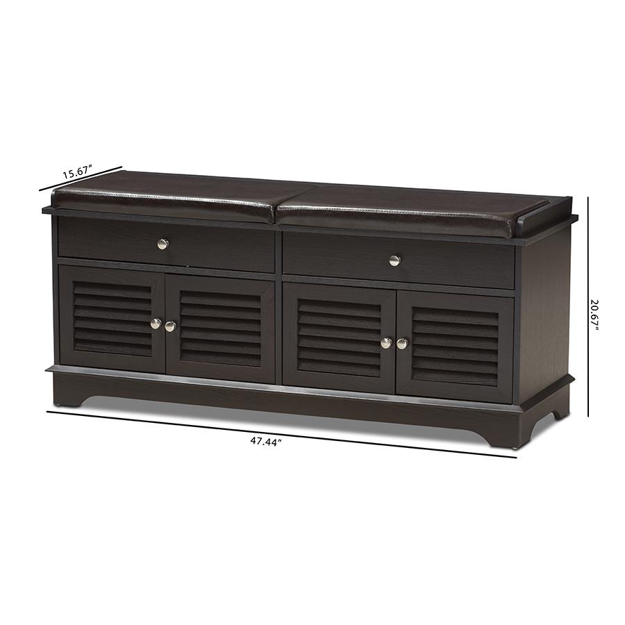 Leo Modern and Contemporary Dark Brown Wood 2-Drawer Shoe Storage Bench. Picture 10