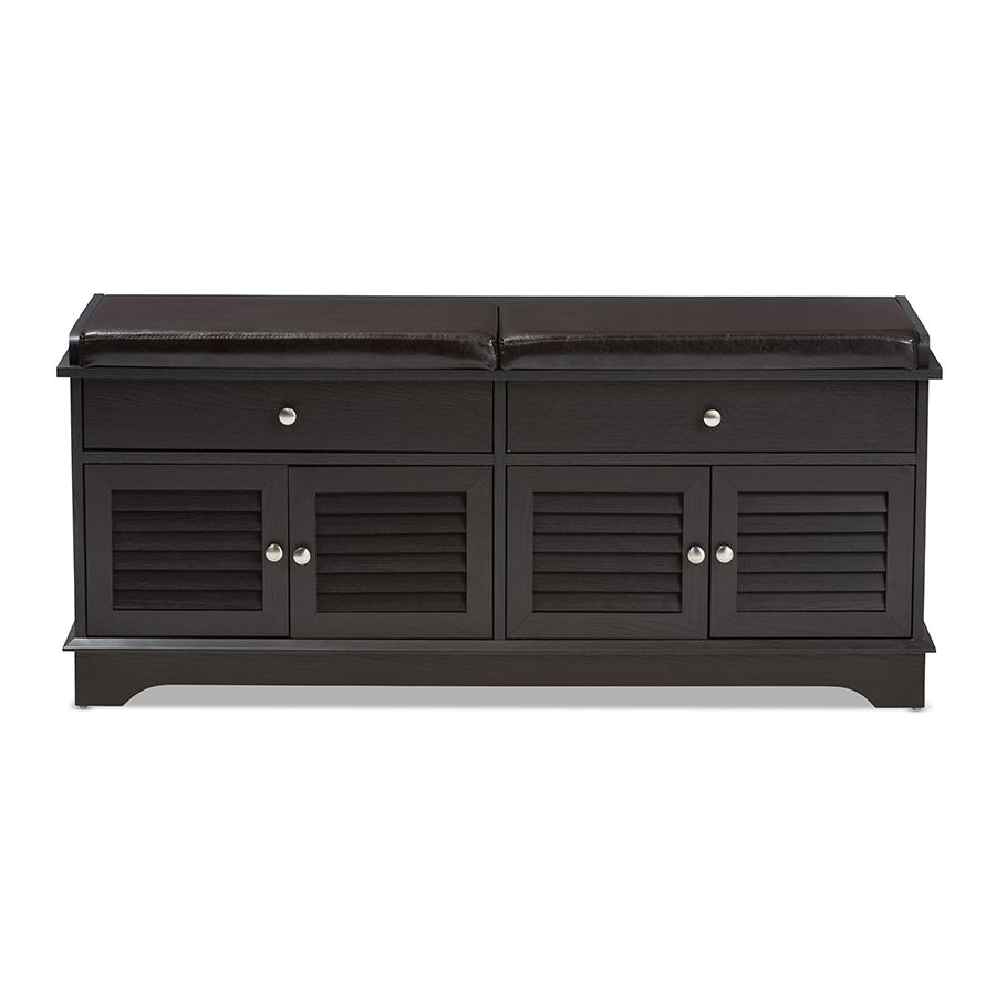 Leo Modern and Contemporary Dark Brown Wood 2-Drawer Shoe Storage Bench. Picture 3