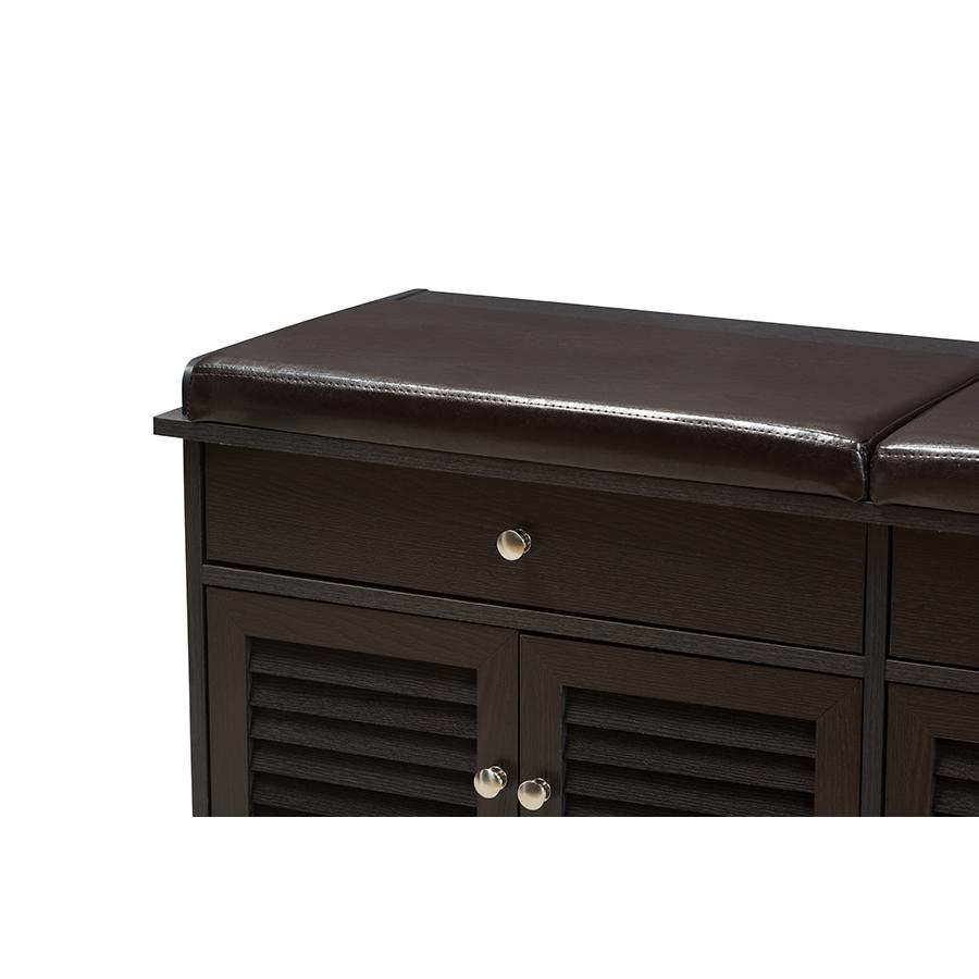Leo Modern and Contemporary Dark Brown Wood 2-Drawer Shoe Storage Bench. Picture 5