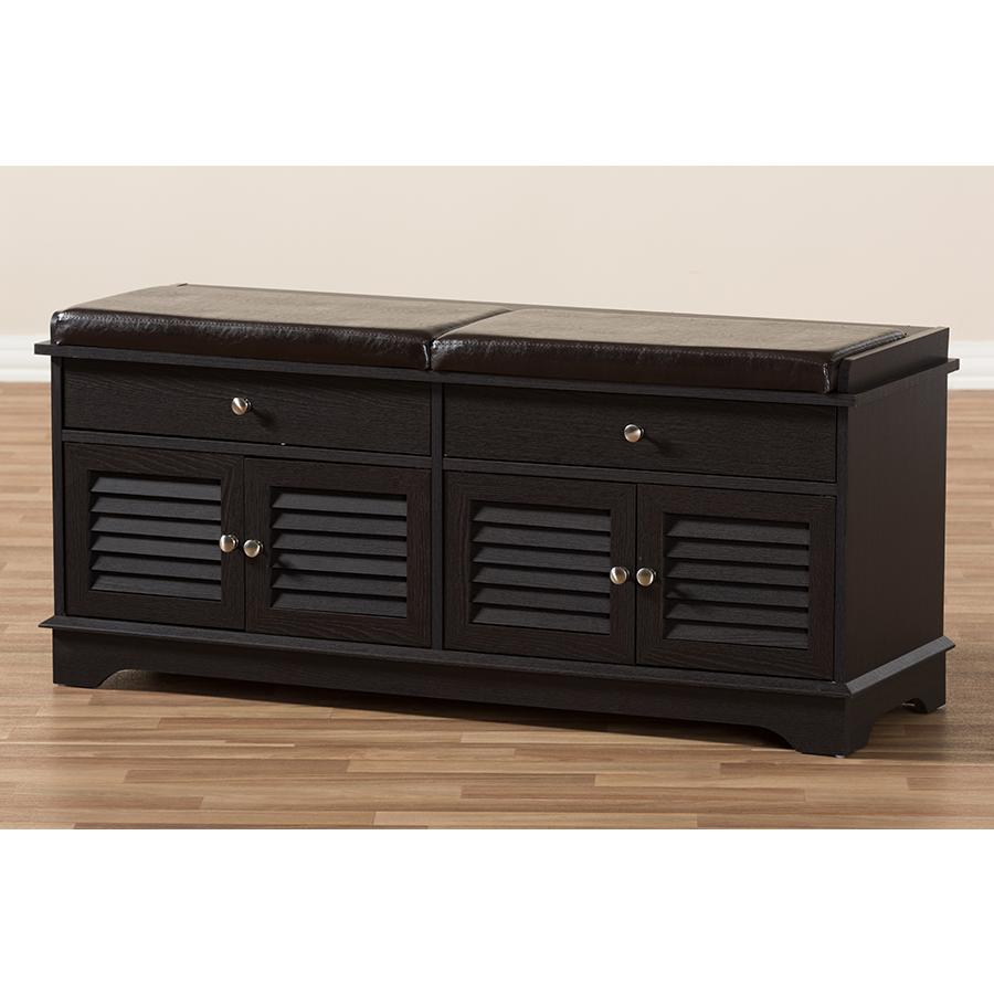Leo Modern and Contemporary Dark Brown Wood 2-Drawer Shoe Storage Bench. Picture 9
