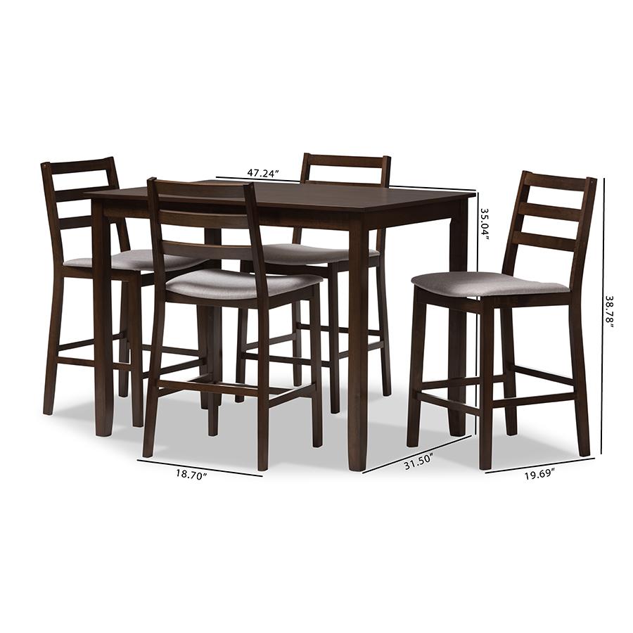 Walnut-Finished Light Grey Fabric Upholstered 5-Piece Pub Set. Picture 6