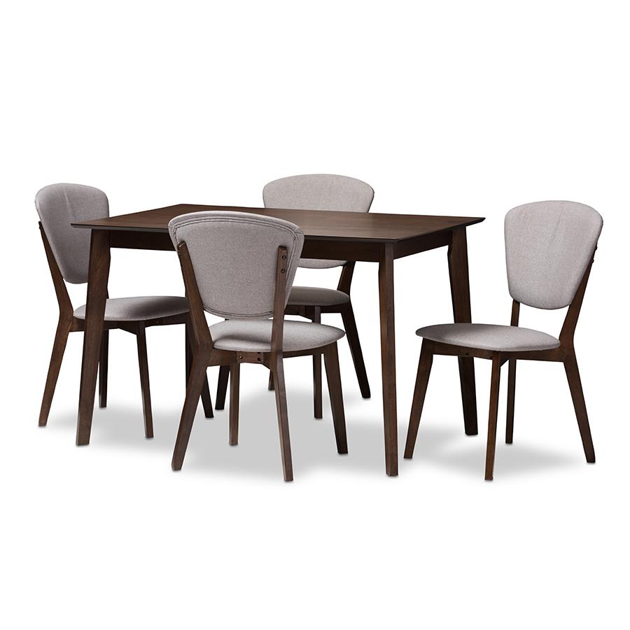 Walnut-Finished Light Grey Fabric Upholstered 5-Piece Dining Set. Picture 1