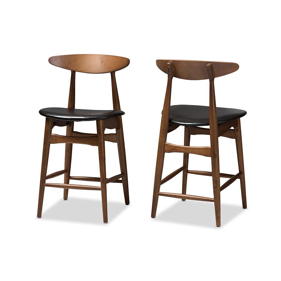 Flora Mid-Century Modern Black Faux Leather Upholstered Walnut Finished Counter Stool Set. Picture 1