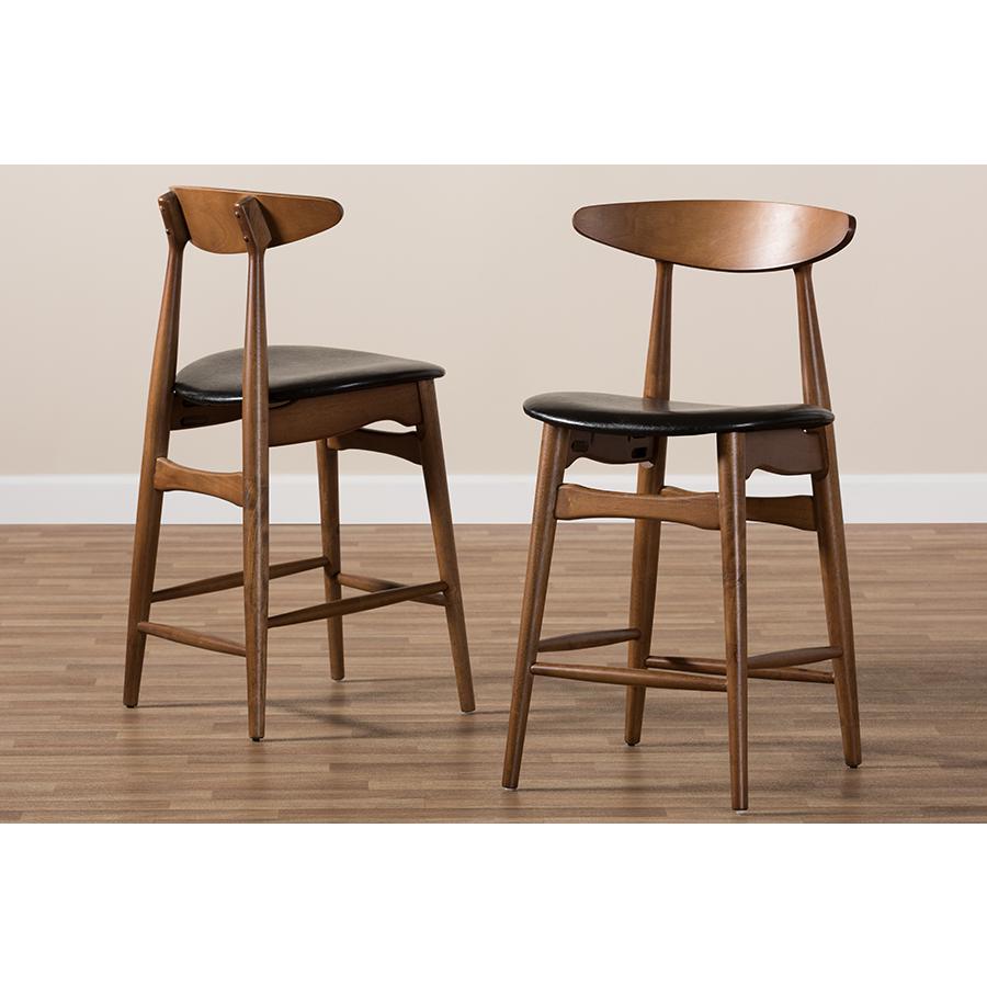 Flora Mid-Century Modern Black Faux Leather Upholstered Walnut Finished Counter Stool Set. Picture 8