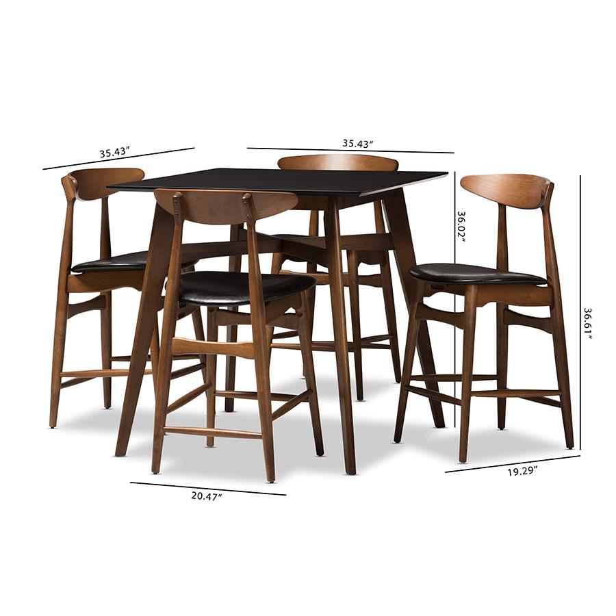 Black Faux-Leather Upholstered Walnut Finished 5-Piece Pub Set. Picture 6