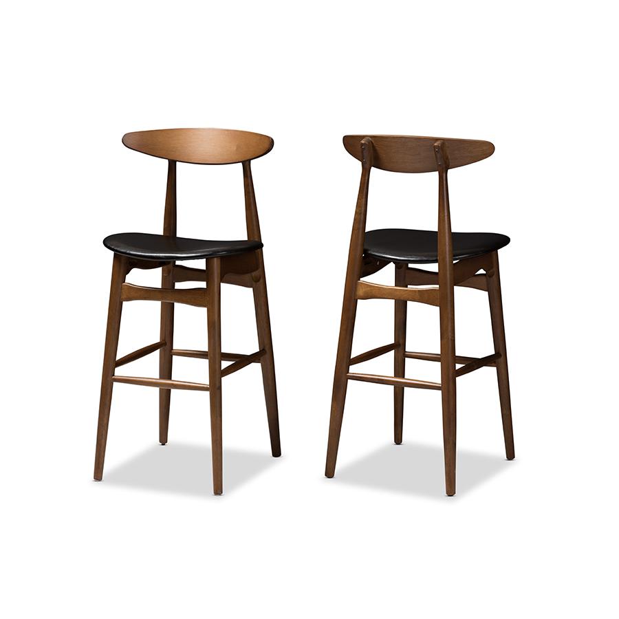 Flora Mid-Century Modern Black Faux Leather Upholstered Walnut Finished Bar Stool Set. The main picture.
