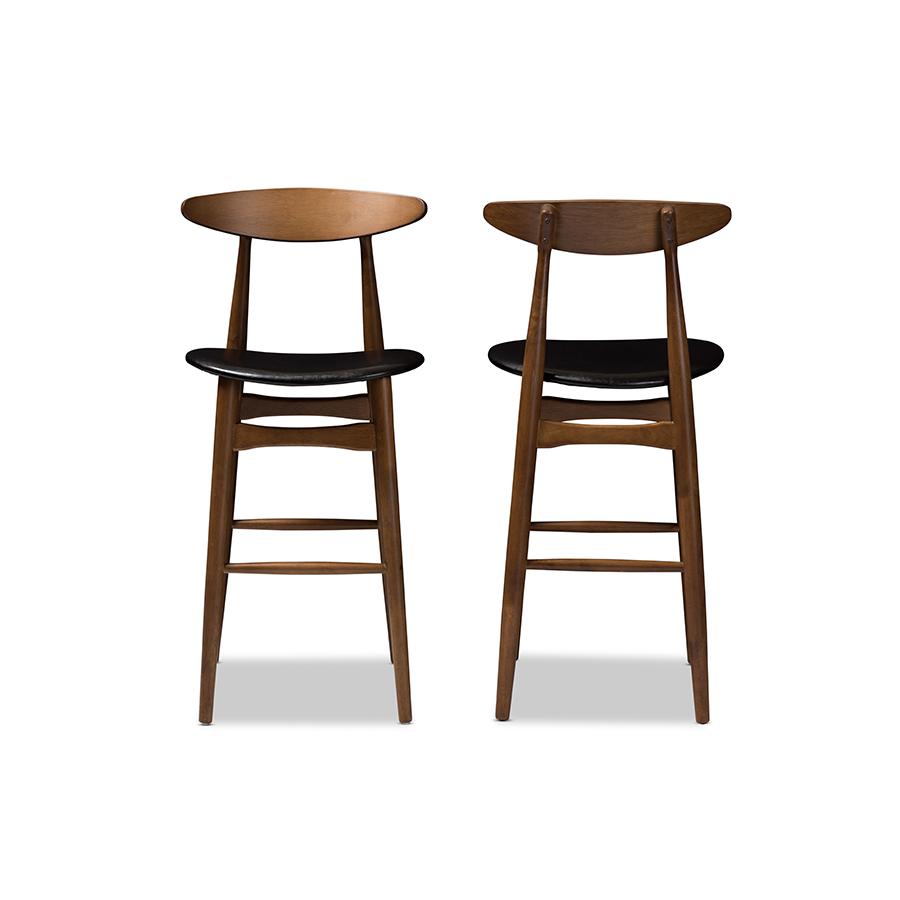 Flora Mid-Century Modern Black Faux Leather Upholstered Walnut Finished Bar Stool Set. Picture 3