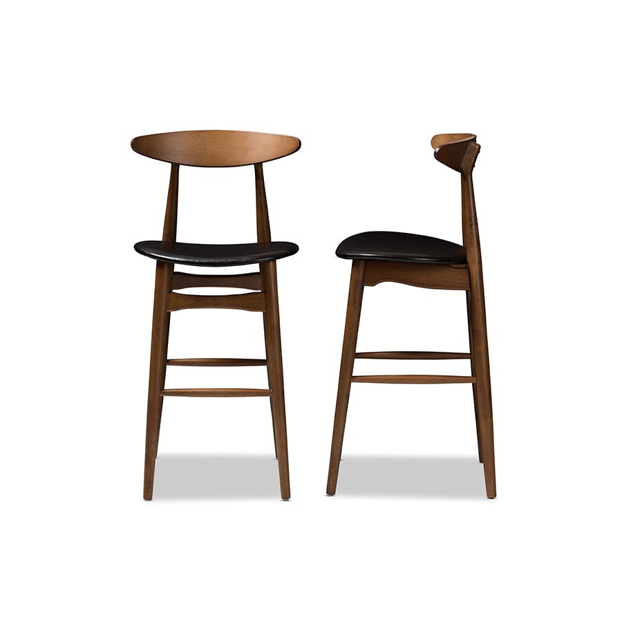 Flora Mid-Century Modern Black Faux Leather Upholstered Walnut Finished Bar Stool Set. Picture 4