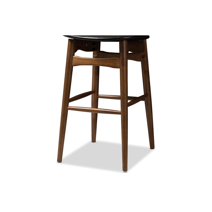Flora Mid-Century Modern Black Faux Leather Upholstered Walnut Finished Bar Stool Set. Picture 6