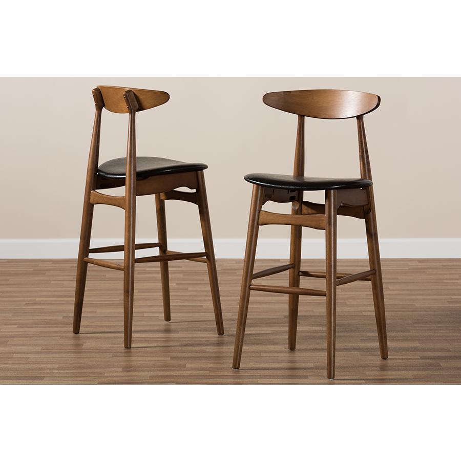 Flora Mid-Century Modern Black Faux Leather Upholstered Walnut Finished Bar Stool Set. Picture 8