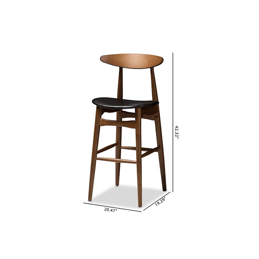 Flora Mid-Century Modern Black Faux Leather Upholstered Walnut Finished Bar Stool Set. Picture 9