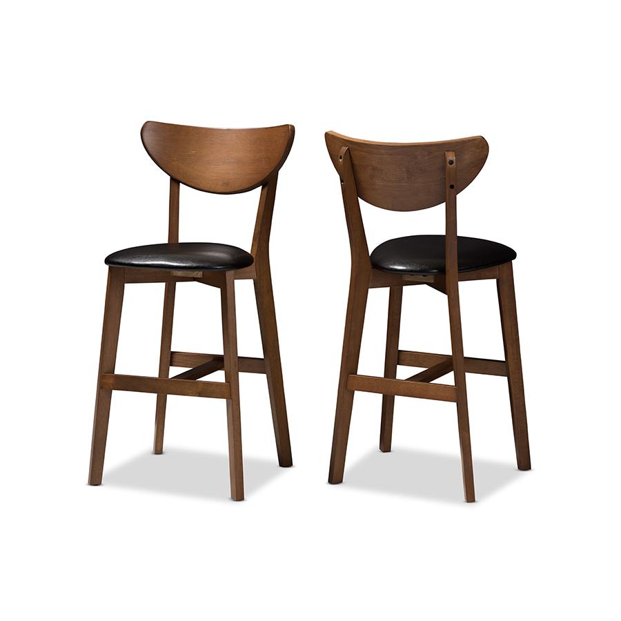 Eline Mid-Century Modern Black Faux Leather Upholstered Walnut Finished Counter Stool Set. The main picture.