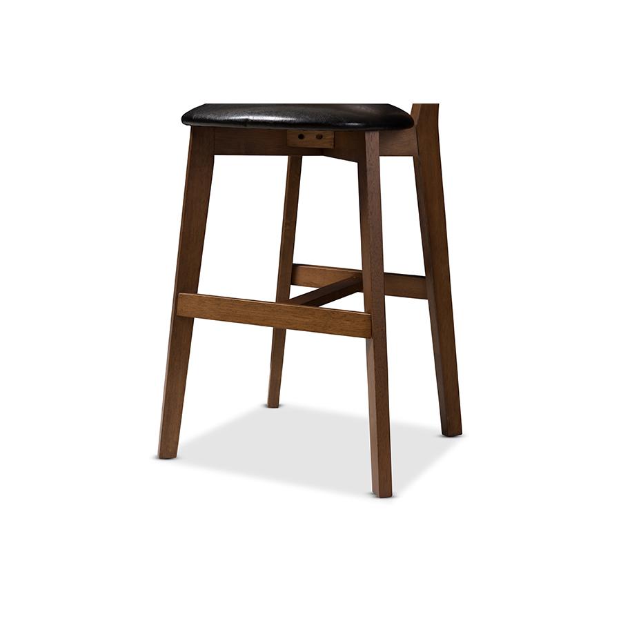 Eline Mid-Century Modern Black Faux Leather Upholstered Walnut Finished Counter Stool Set. Picture 6