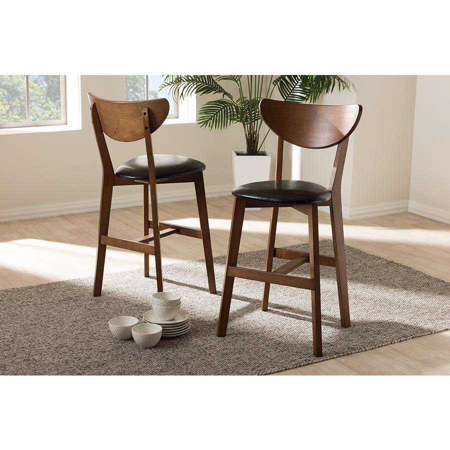 Eline Mid-Century Modern Black Faux Leather Upholstered Walnut Finished Counter Stool Set. Picture 2