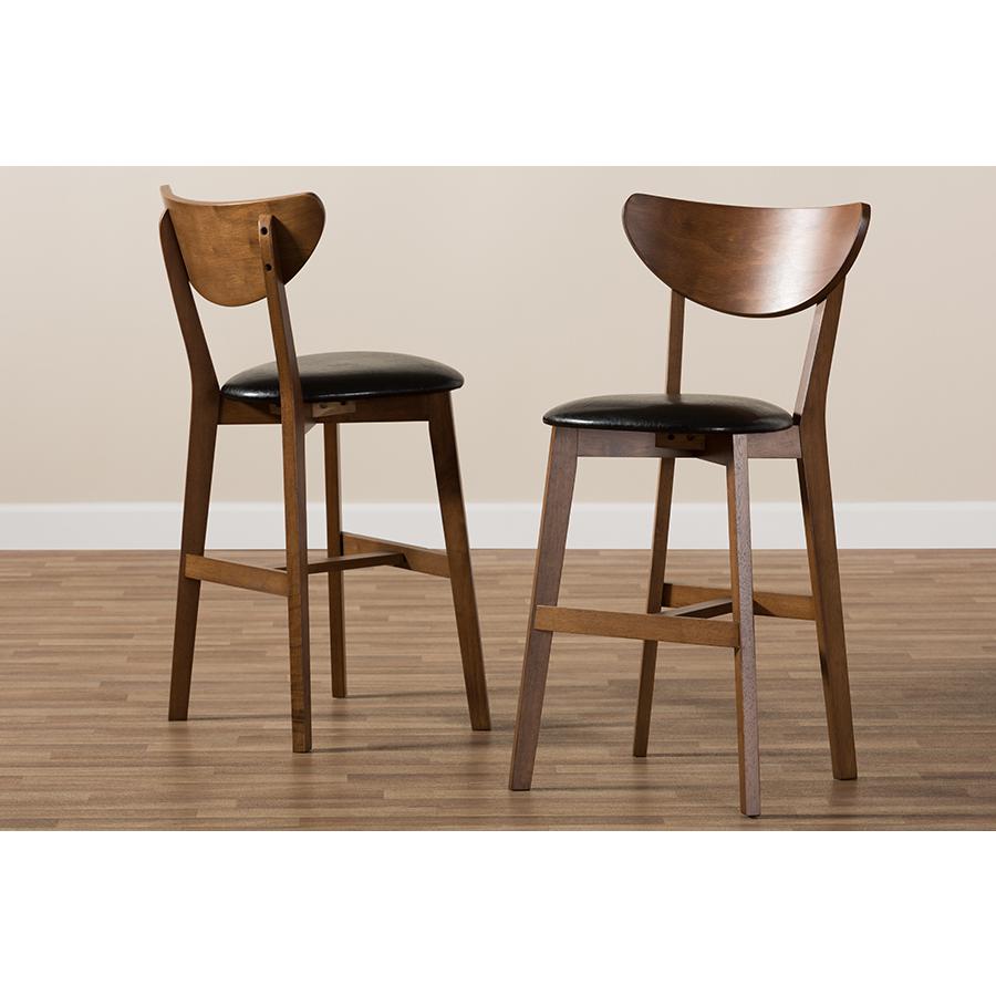 Eline Mid-Century Modern Black Faux Leather Upholstered Walnut Finished Counter Stool Set. Picture 8