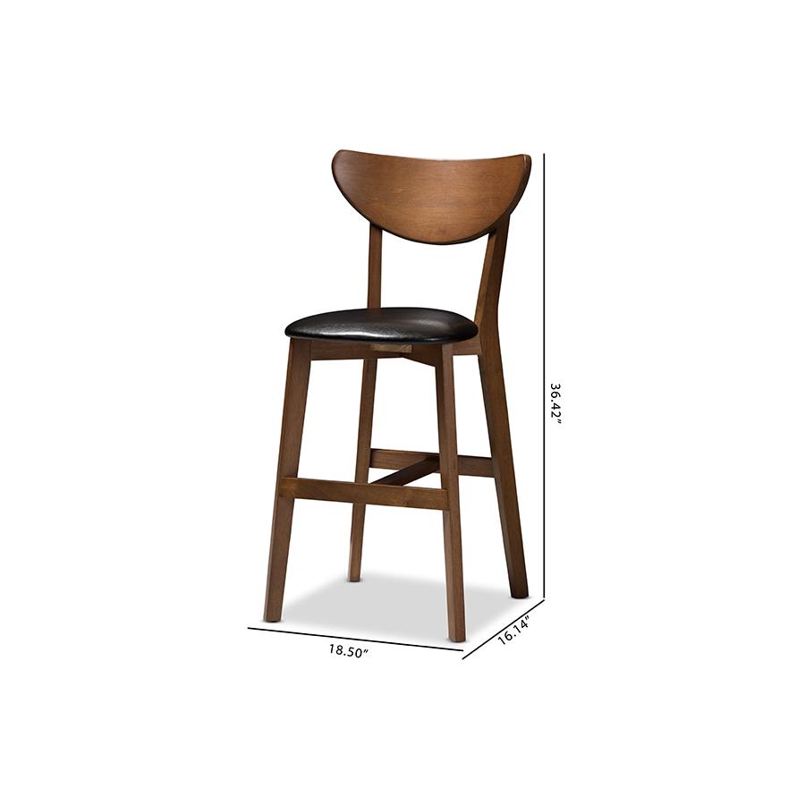 Eline Mid-Century Modern Black Faux Leather Upholstered Walnut Finished Counter Stool Set. Picture 9