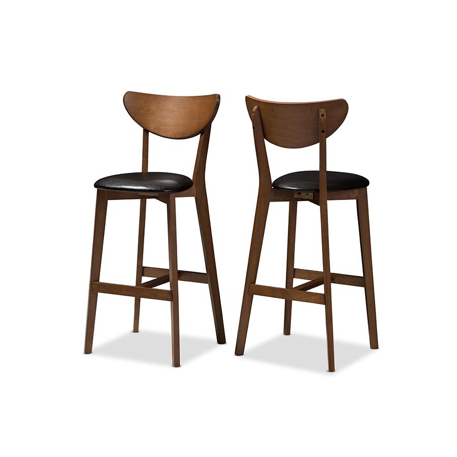 Eline Mid-Century Modern Black Faux Leather Upholstered Walnut Finished Bar Stool Set. The main picture.