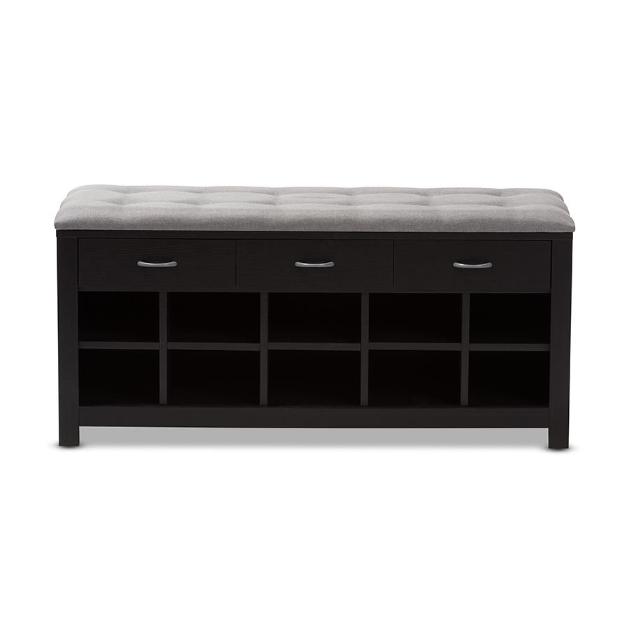 Modern and Contemporary Espresso Finished Grey Fabric Upholstered Cushioned Entryway Bench. Picture 4