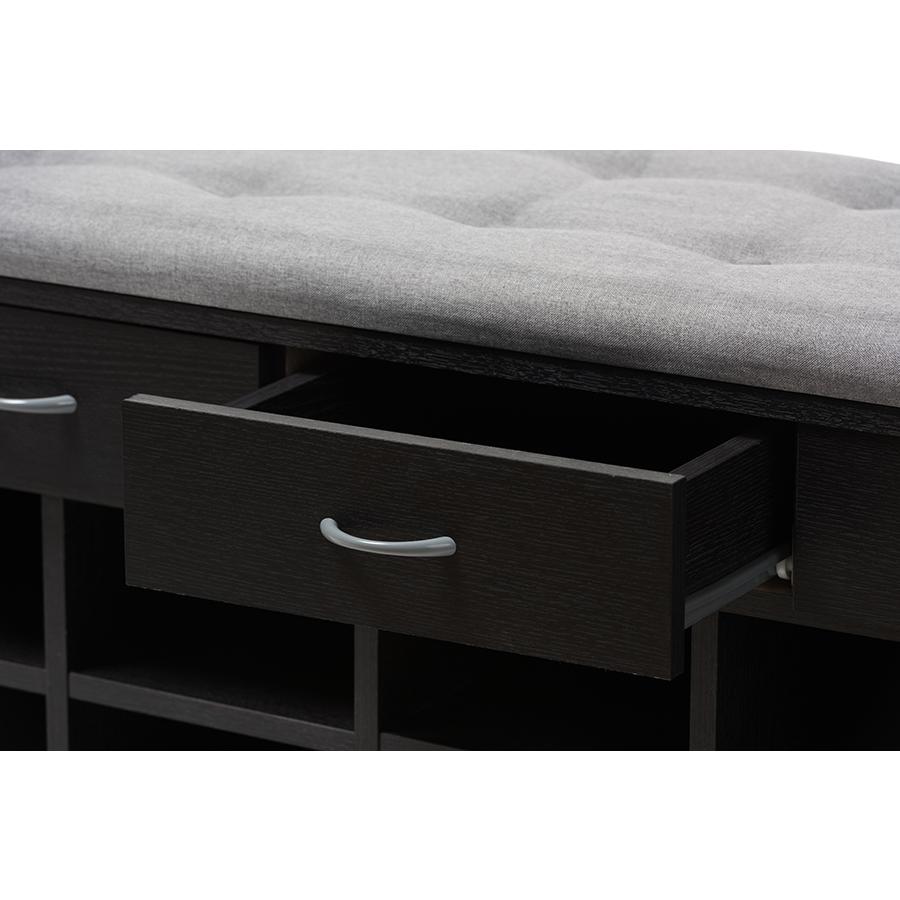 Modern and Contemporary Espresso Finished Grey Fabric Upholstered Cushioned Entryway Bench. Picture 6