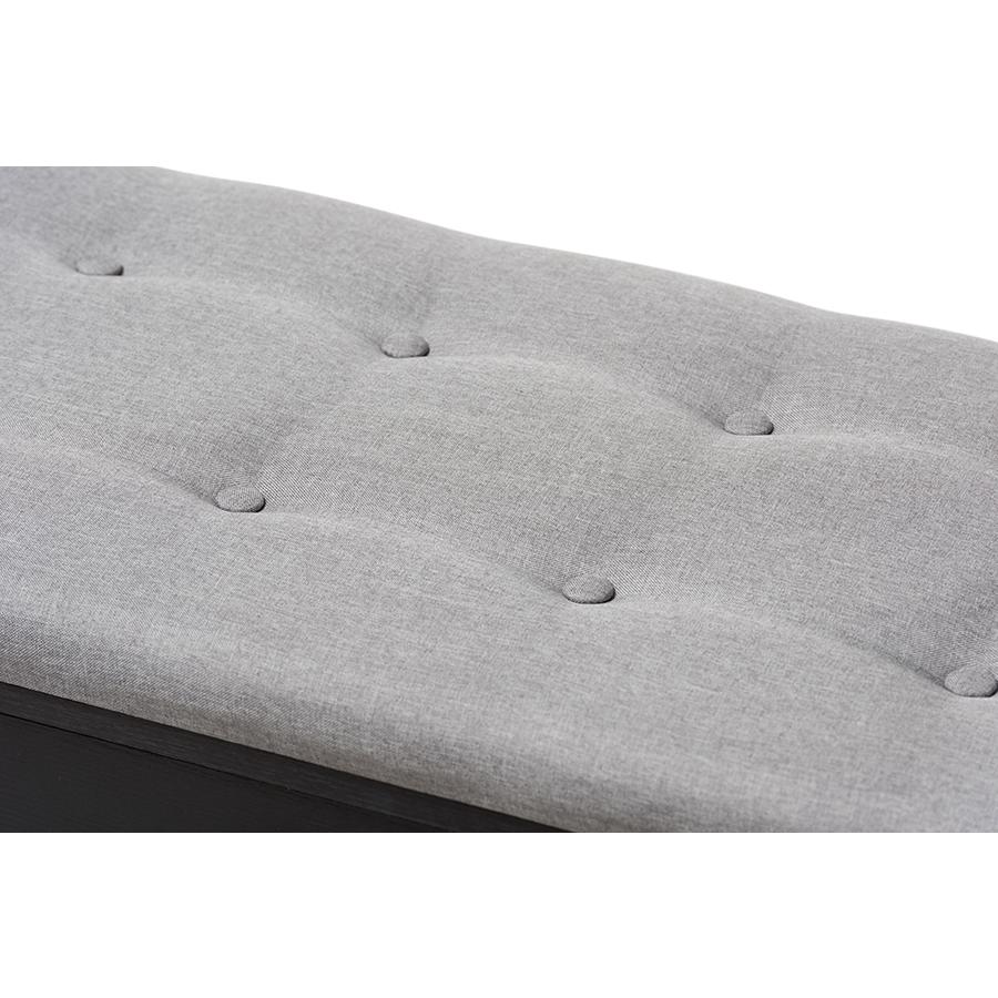 Modern and Contemporary Espresso Finished Grey Fabric Upholstered Cushioned Entryway Bench. Picture 7