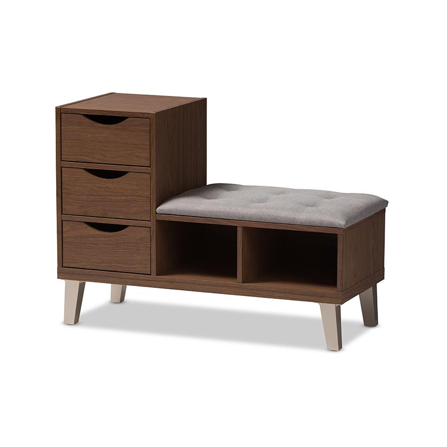 Arielle Modern and Contemporary Walnut Wood 3-Drawer Shoe Storage Grey Fabric Upholstered Seating Bench with Two Open Shelves. Picture 1