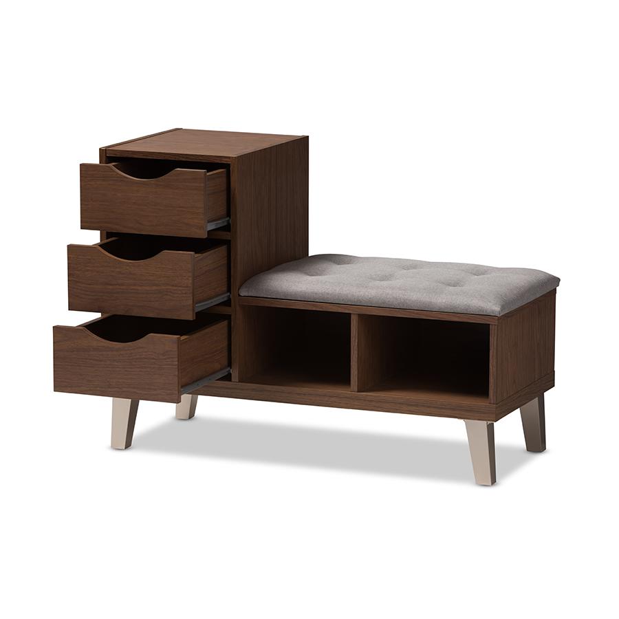 Arielle Modern and Contemporary Walnut Wood 3-Drawer Shoe Storage Grey Fabric Upholstered Seating Bench with Two Open Shelves. Picture 3