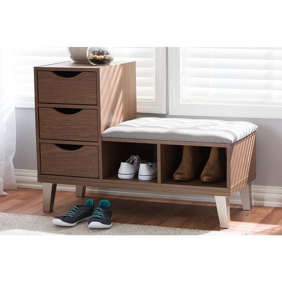 Arielle Modern and Contemporary Walnut Wood 3-Drawer Shoe Storage Grey Fabric Upholstered Seating Bench with Two Open Shelves. Picture 2